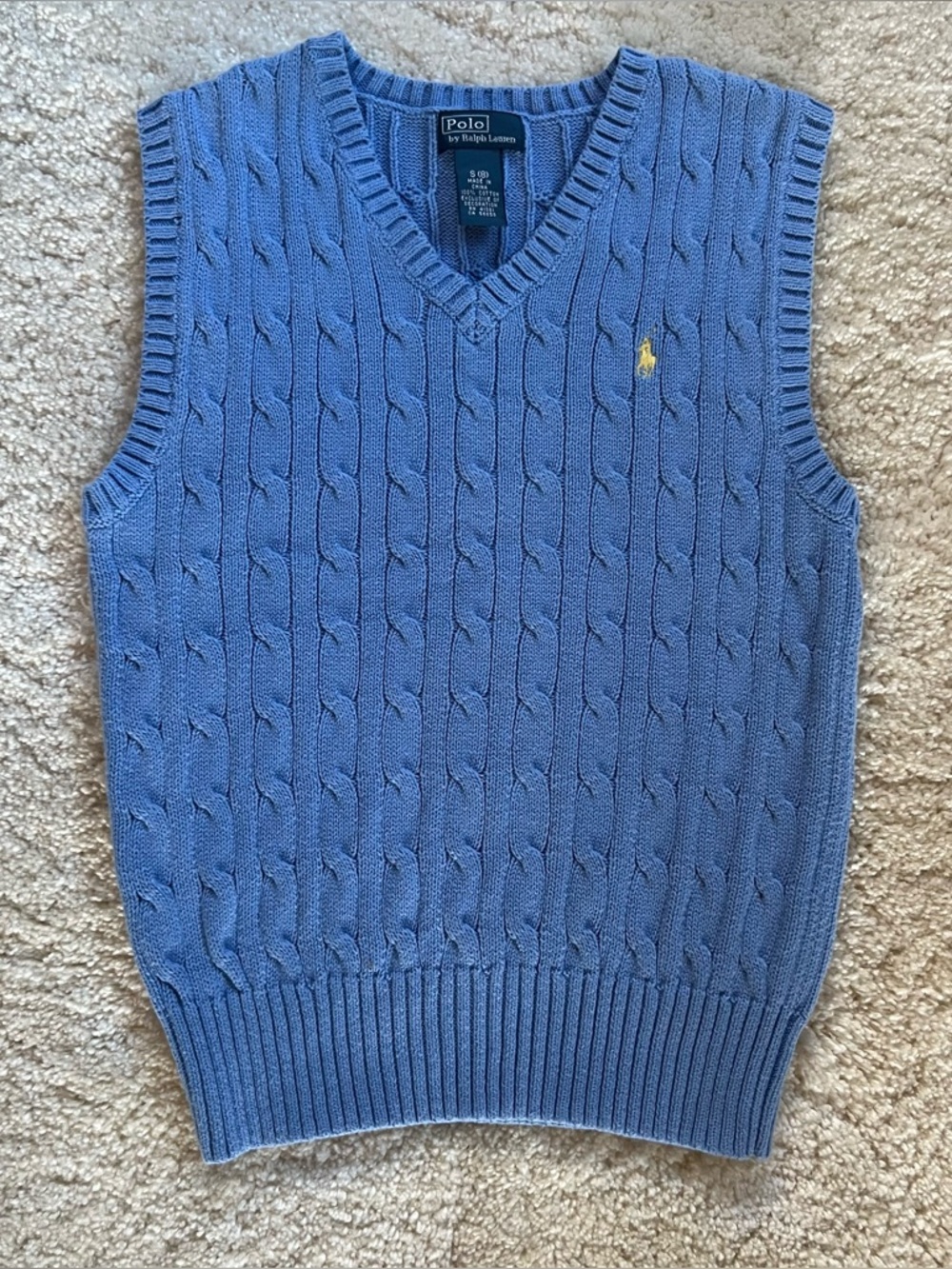 Ralph Lauren Blue Cable Knit V-Neck Sweater Vest with Yellow Pony (KB- 1D)